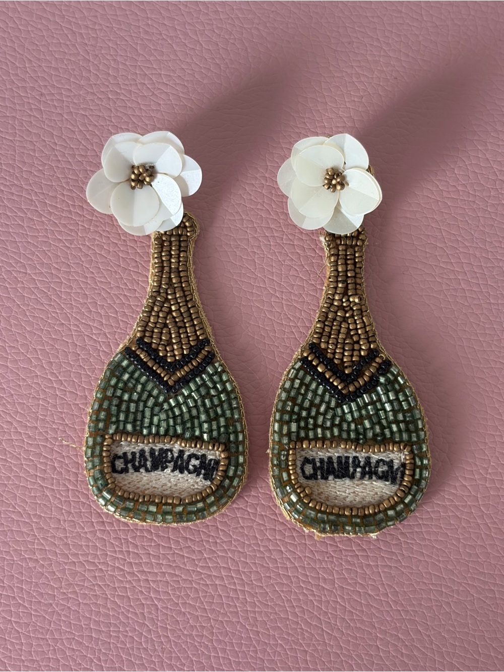 Champagne Bottle Beaded Statement Earrings White Floral
